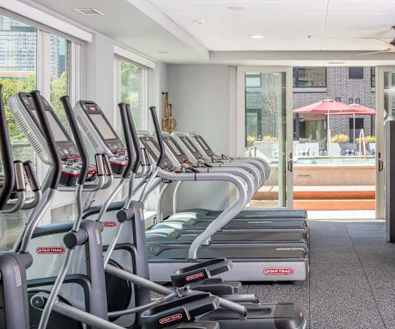 a row of cardio equipment in a gym with a window