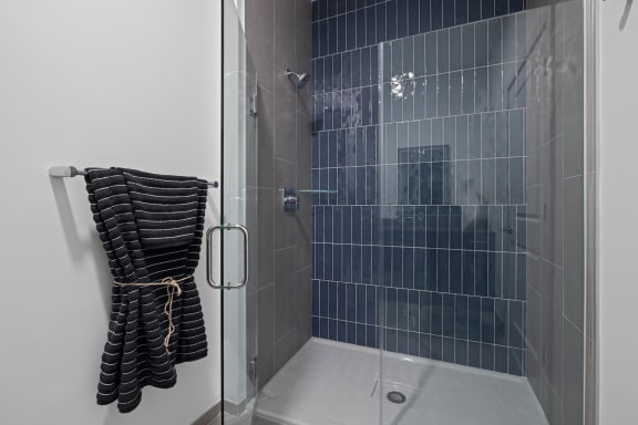 a shower with a glass door in a bathroom