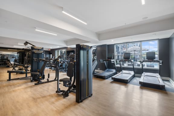 a gym with cardio machines and weights on a wooden floor