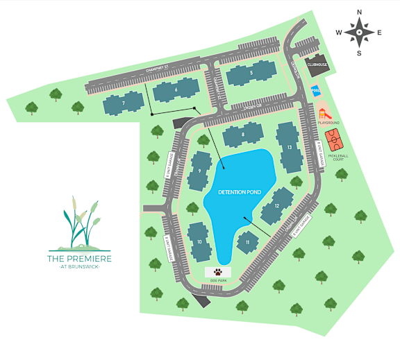 A map of a park with a detention pond and a compass rose.