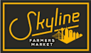 A logo for Skyline Farmers Market features a black background with yellow text and graphics.