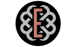 A graphic with a black background features a stylized letter E in white and red.