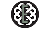 A logo with a circular background and a stylized letter E in the center.