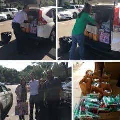a group of pictures of people loading food into a van