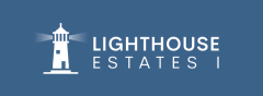 a logo for lighthouse estates on a blue background
