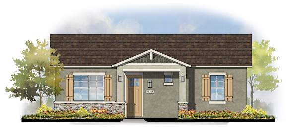 A house with a brown roof and a grey exterior with a brown door and windows.