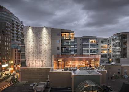 A modern building with a unique design is shown in the image.