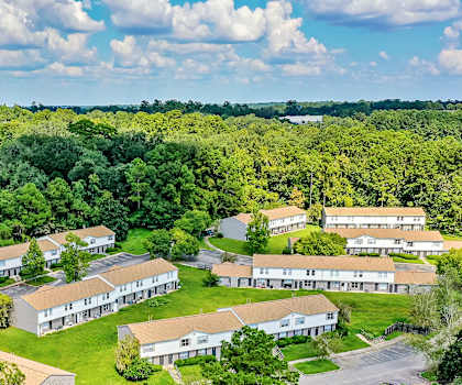 A bird's eye view of a residential area with multiple houses surrounded by greenery.