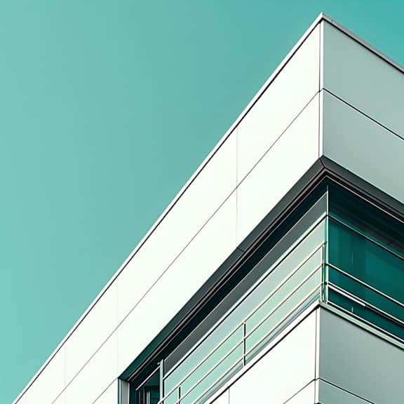 A modern building with a large window and a triangular design on the top.