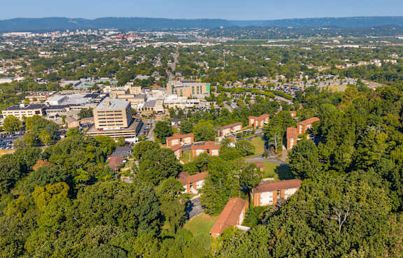 A bird's eye view of a campus with buildings and trees.