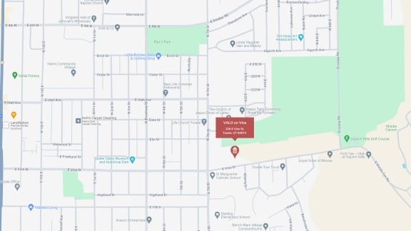 a screenshot of a map with a red marker on it