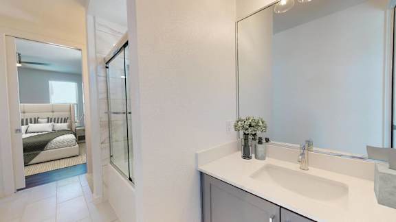 a bathroom with a sink and a shower and a mirror