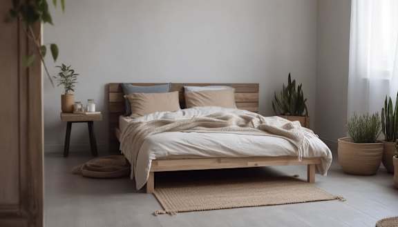 A bedroom with a bed, pillows, a nightstand, and a potted plant.