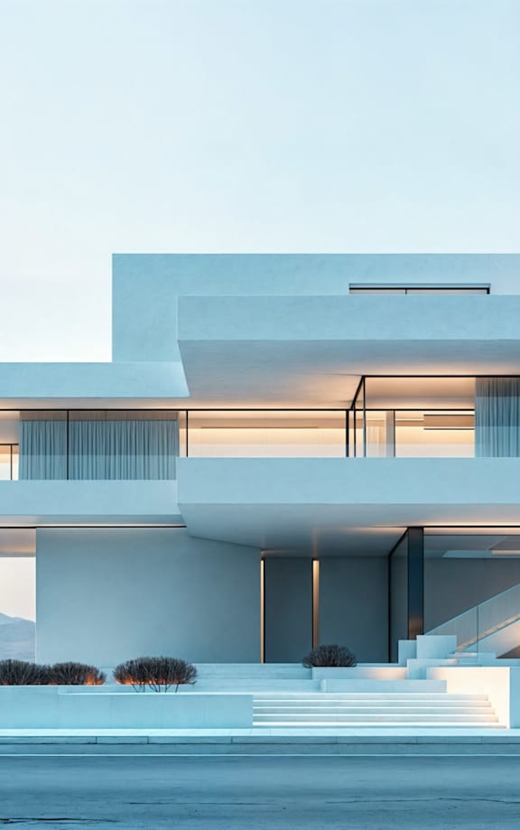 A modern white house with a balcony and a staircase leading to the entrance.