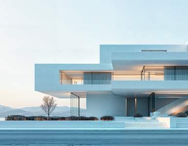 A modern white house with a balcony and a staircase leading to the entrance.