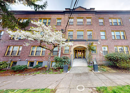 the front of a brick building with stairs and a tree
