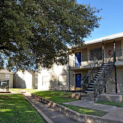 A tree in front of a building with a blue door.