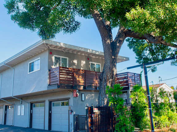 A modern two-story house with a large tree in front.
