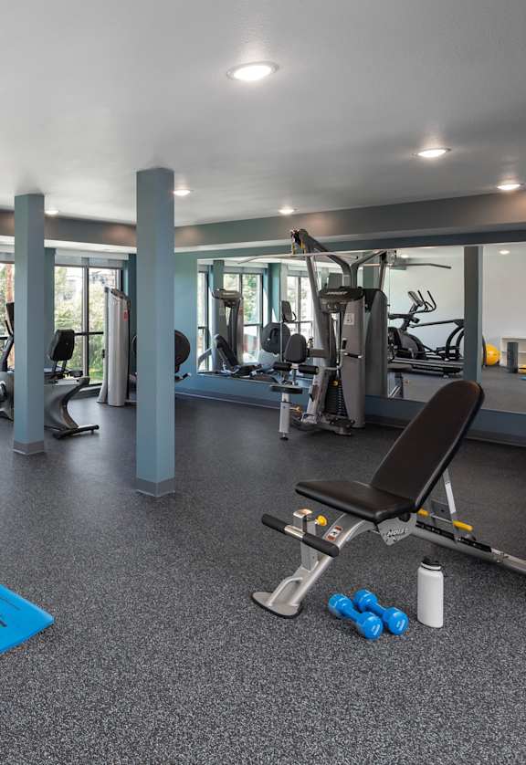 a gym with treadmills and other exercise equipment in a building with windows