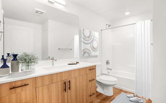 A bathroom with a white toilet, sink, and a shower with a white curtain.