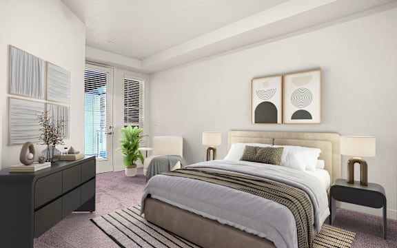 A bedroom with a large bed, a nightstand, and a window with blinds.