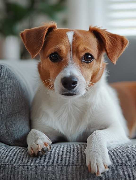 A dog with brown and white fur is lying on a grey couch.
