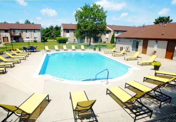A swimming pool surrounded by yellow sun loungers.