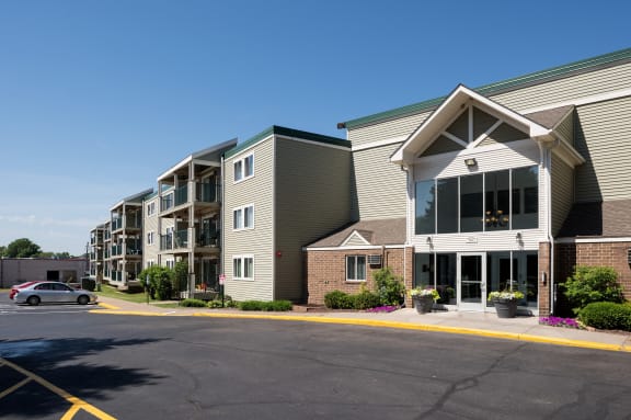 Frontside view of apartment building at Pheasant Park Apartments, New Hope, MN, 55428-5401
