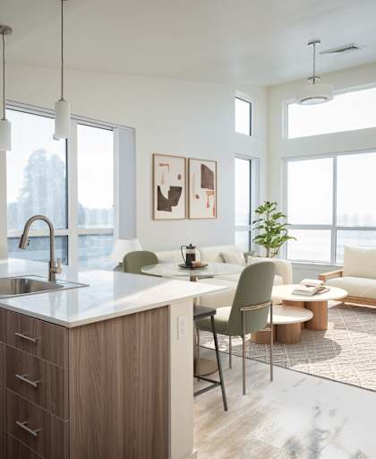 A modern kitchen with a dining table and chairs.
