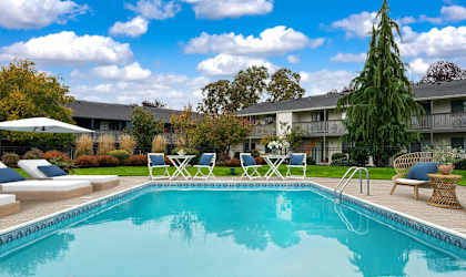 A swimming pool surrounded by lounge chairs and trees.