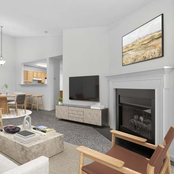 A living room with a fireplace and a television.