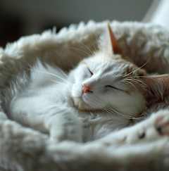 A cat is sleeping peacefully in a cozy bed.