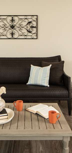 A living room with a black couch, a grey coffee table, and a lamp.