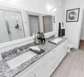 a bathroom with two sinks and a walk in shower