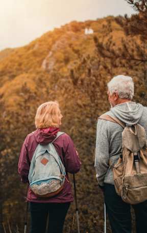 Two hikers with backpacks looking at a mountain.