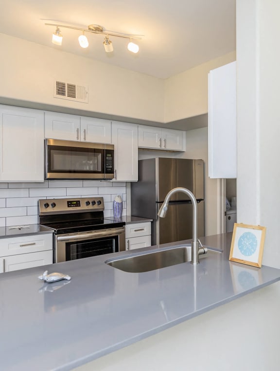 a kitchen with stainless steel appliances and a sink