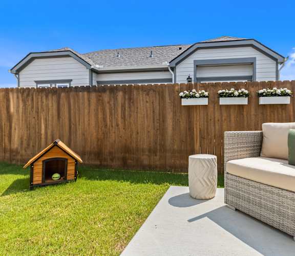 A backyard with a couch, chair, and dog house.
