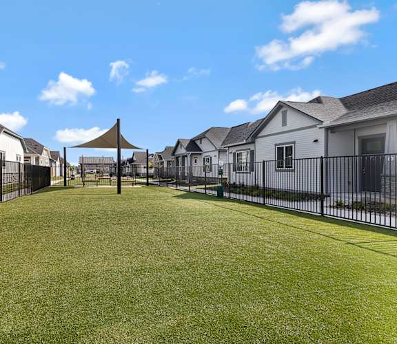 A grassy area in front of a row of houses with a black fence.