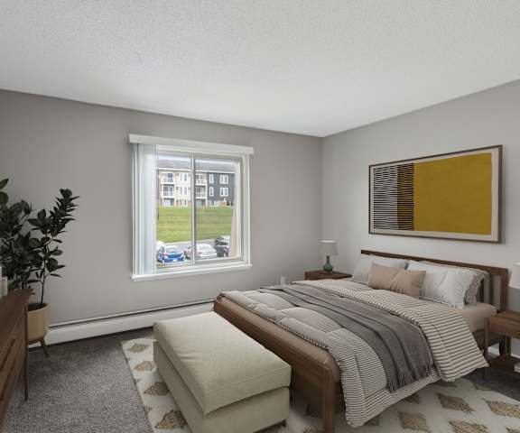 Furnished bedroom with wooden furniture at Cedarvale Highlands Apartments, Eagan, 55122