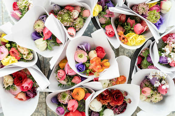 A bunch of flowers are arranged in a bouquet.