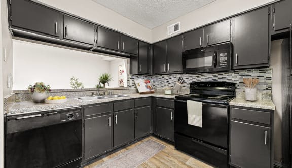 our apartments offer a modern kitchen with black cabinets and stainless steel appliances