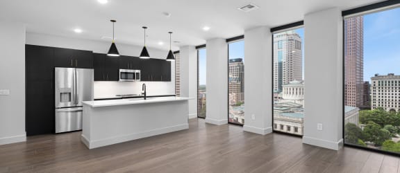 a kitchen and living room with a view of a city at Preston Centre, Columbus, 43215