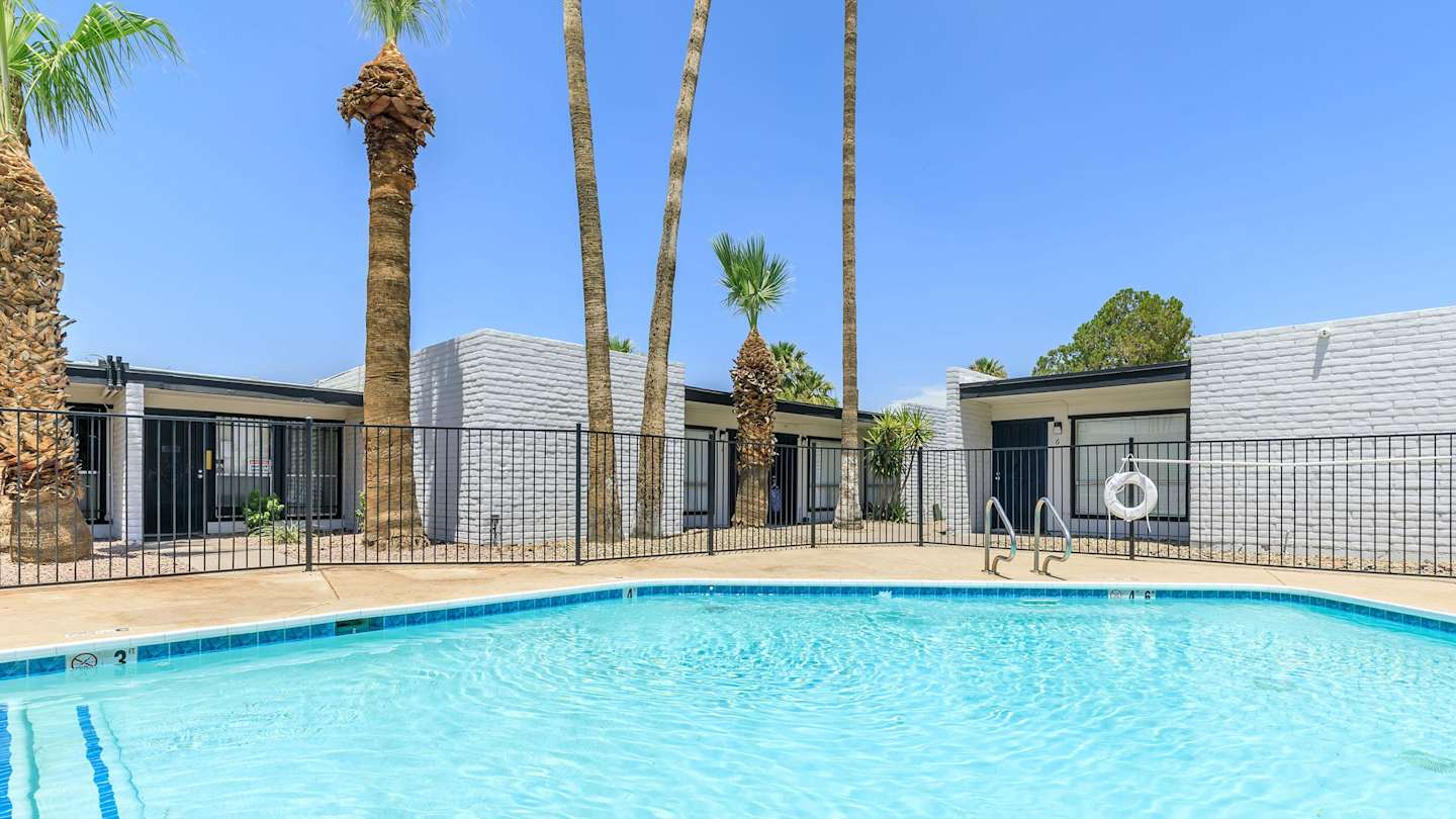 Pool and poolside area at The Cara Apartments.