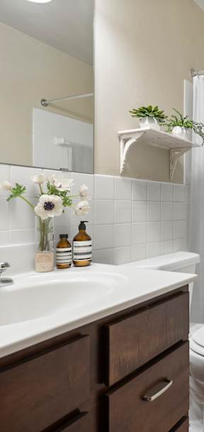 a bathroom with a shower and a sink and a toilet at Silver Lake, New Brighton, Minnesota