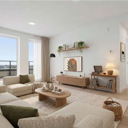 A living room with a white couch, a wooden coffee table, and a large window with curtains.