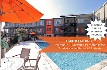 A poolside with a sign offering free electric cable and internet for a limited time.