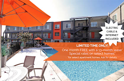 A poolside with a sign advertising a free month with a 13-month lease.