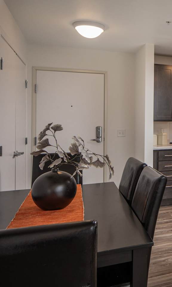 A modern kitchen with dark wood cabinets and stainless steel appliances.