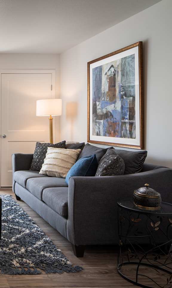 a living room with a gray couch and a glass coffee table
