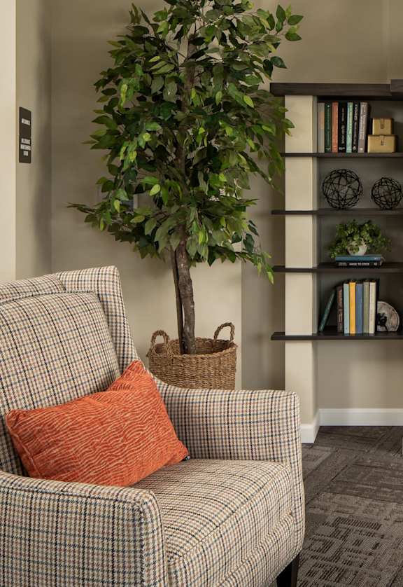 A living room with a fireplace, a chair, a couch, and a tree.